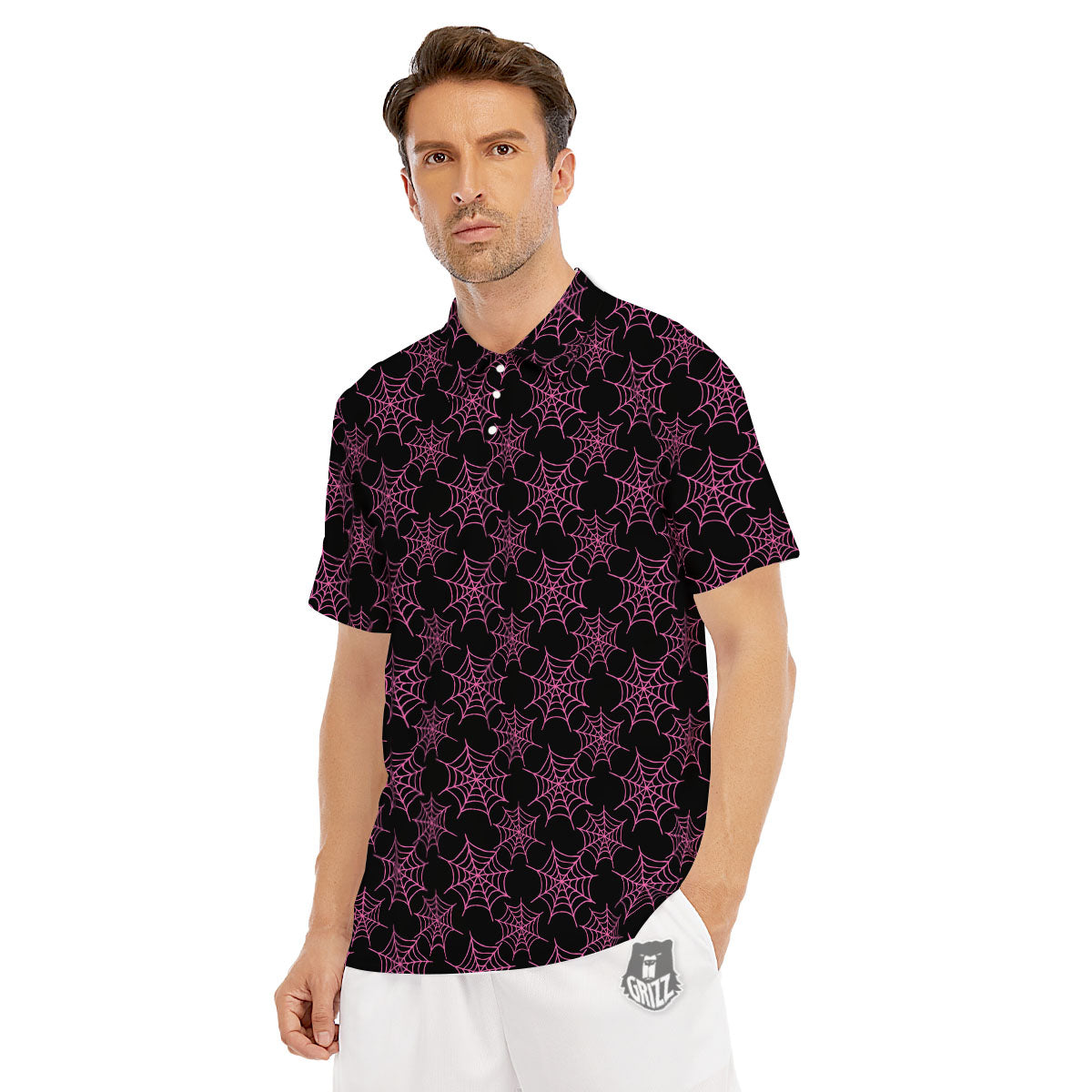 Spider Web Pink And Black Print Pattern Men's Golf Shirts-grizzshop