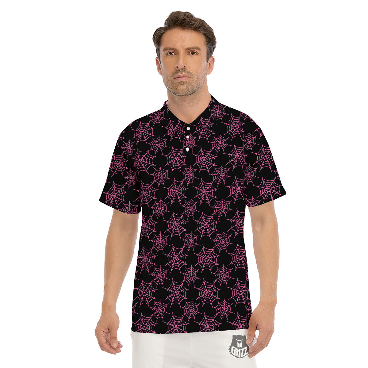Spider Web Pink And Black Print Pattern Men's Golf Shirts-grizzshop