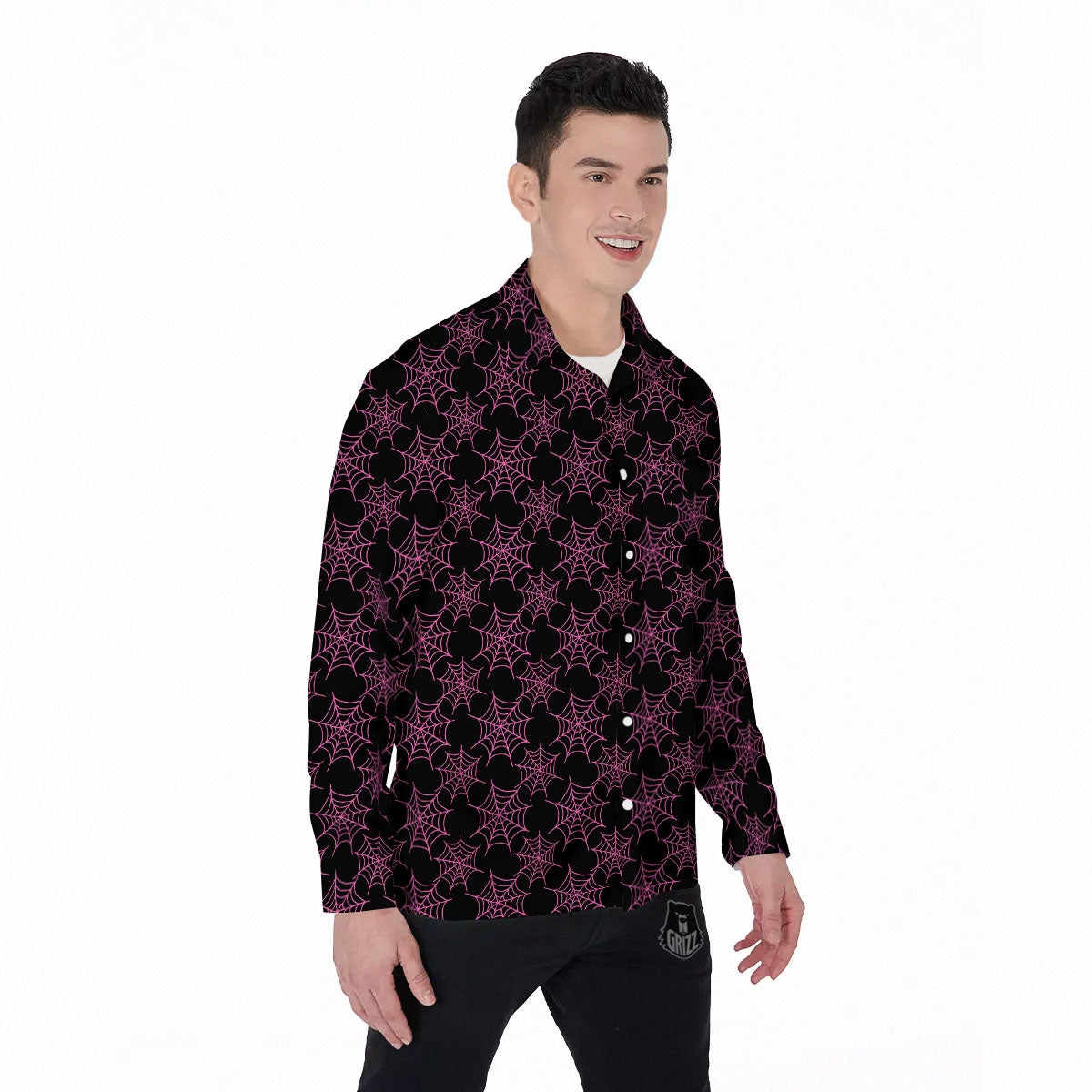 Spider Web Pink And Black Print Pattern Men's Long Sleeve Shirts-grizzshop