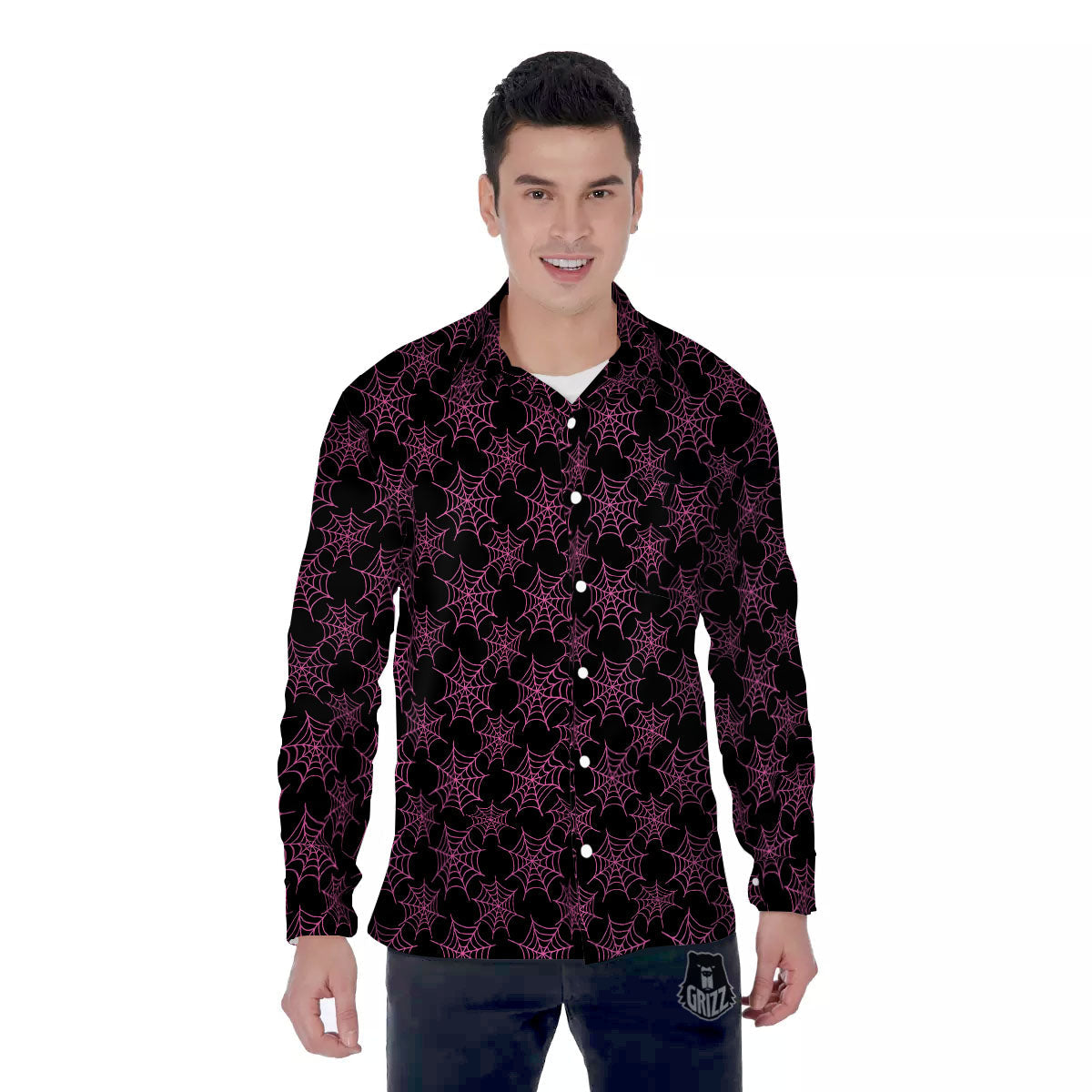 Spider Web Pink And Black Print Pattern Men's Long Sleeve Shirts-grizzshop