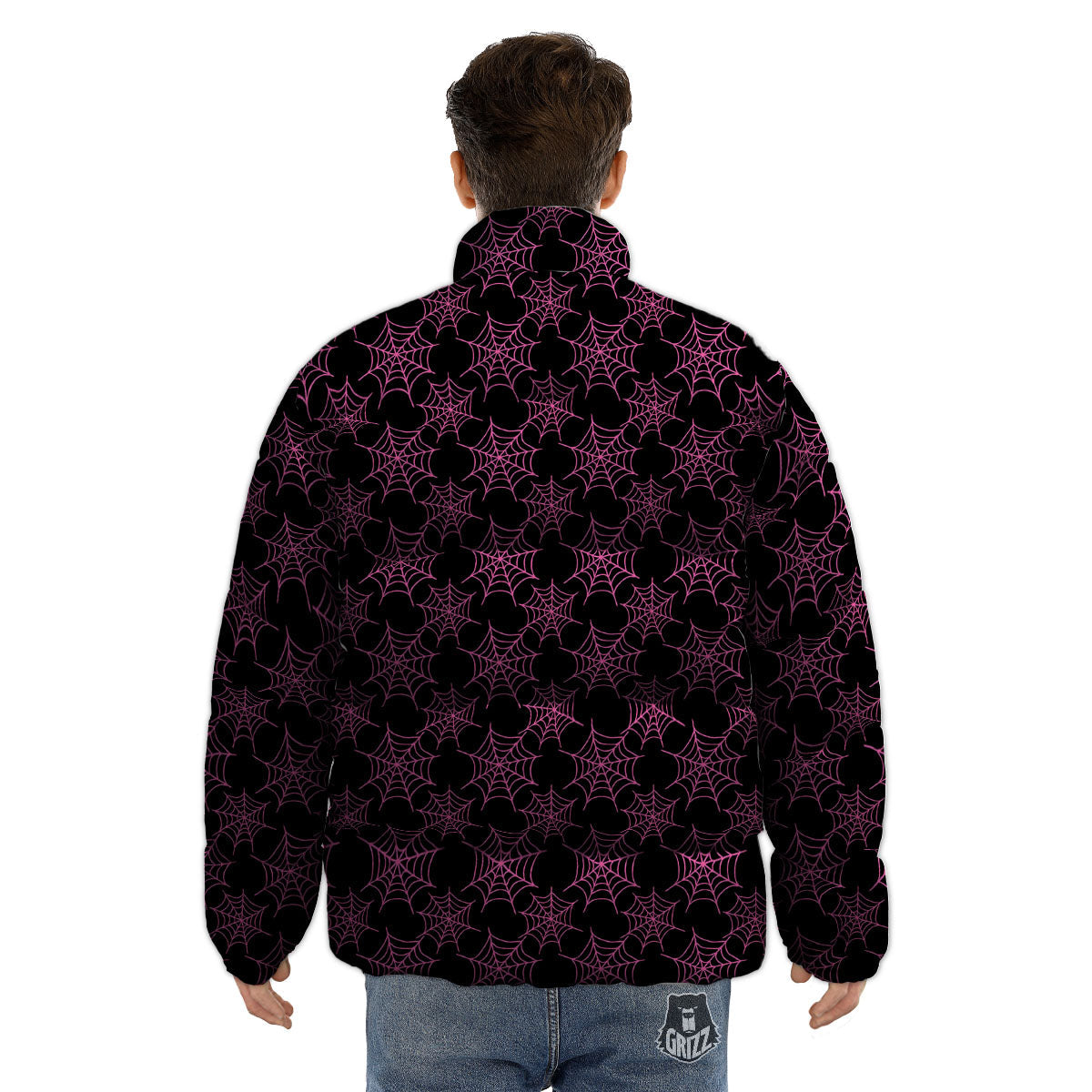 Spider Web Pink And Black Print Pattern Puffer Jacket-grizzshop