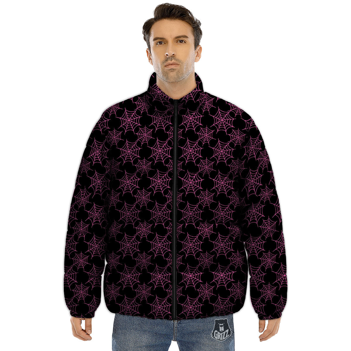 Spider Web Pink And Black Print Pattern Puffer Jacket-grizzshop