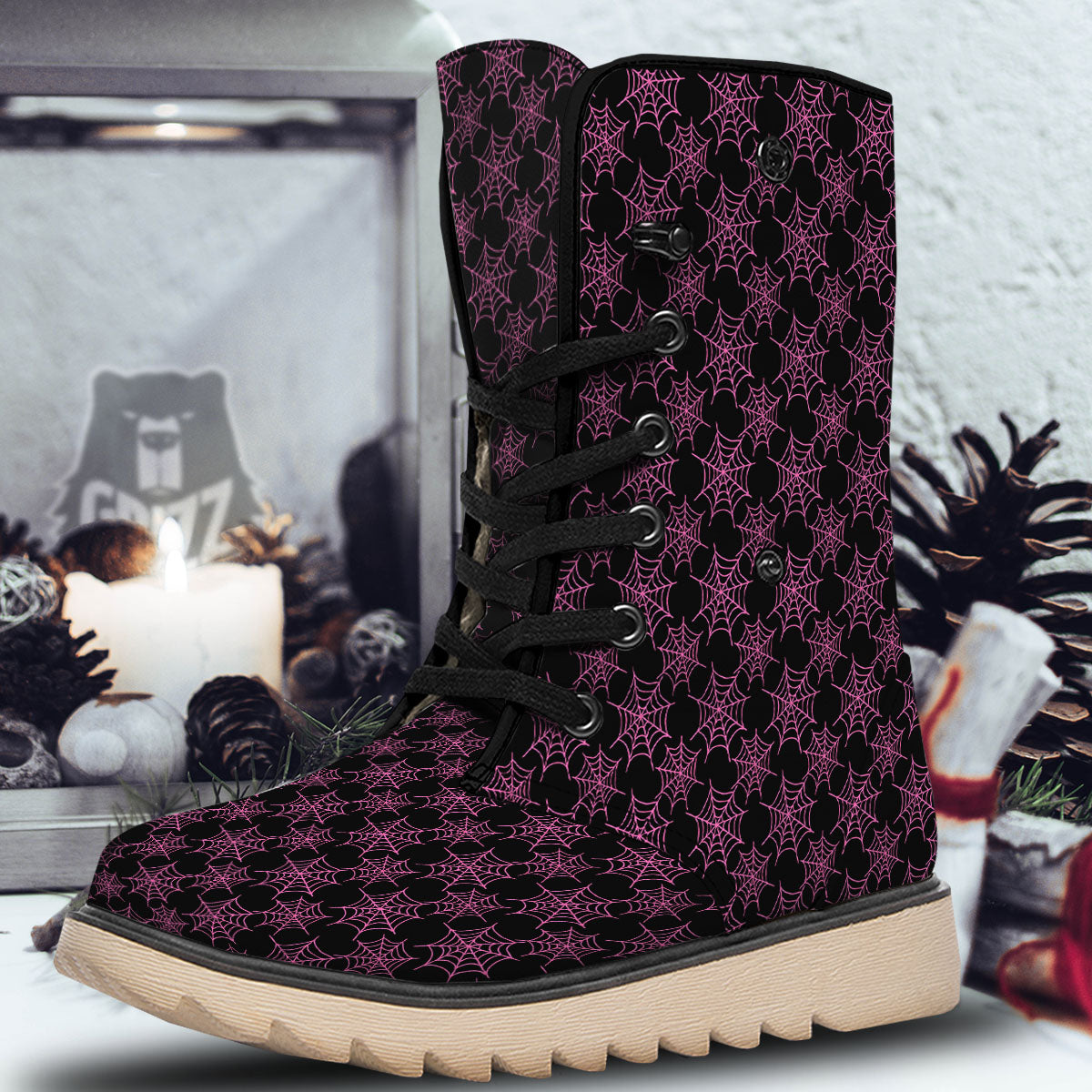 Spider Web Pink And Black Print Pattern Snow Boots-grizzshop