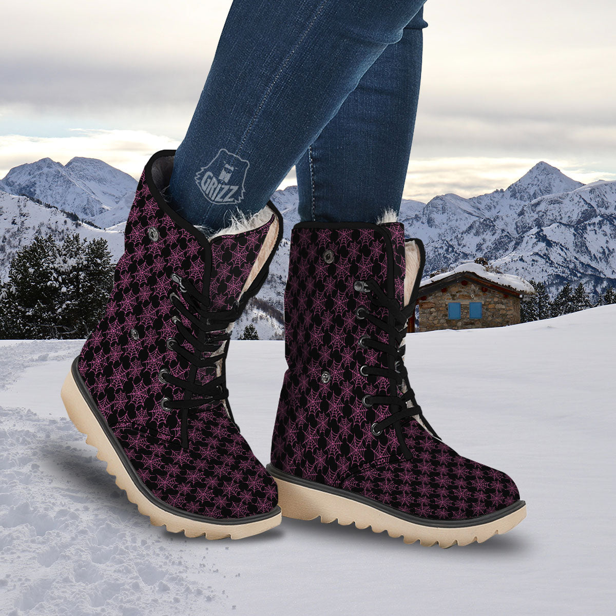 Spider Web Pink And Black Print Pattern Snow Boots-grizzshop