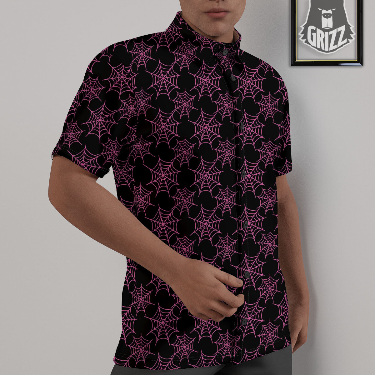 Spider Web Pink And Black Print Pattern Untucked Shirts-grizzshop