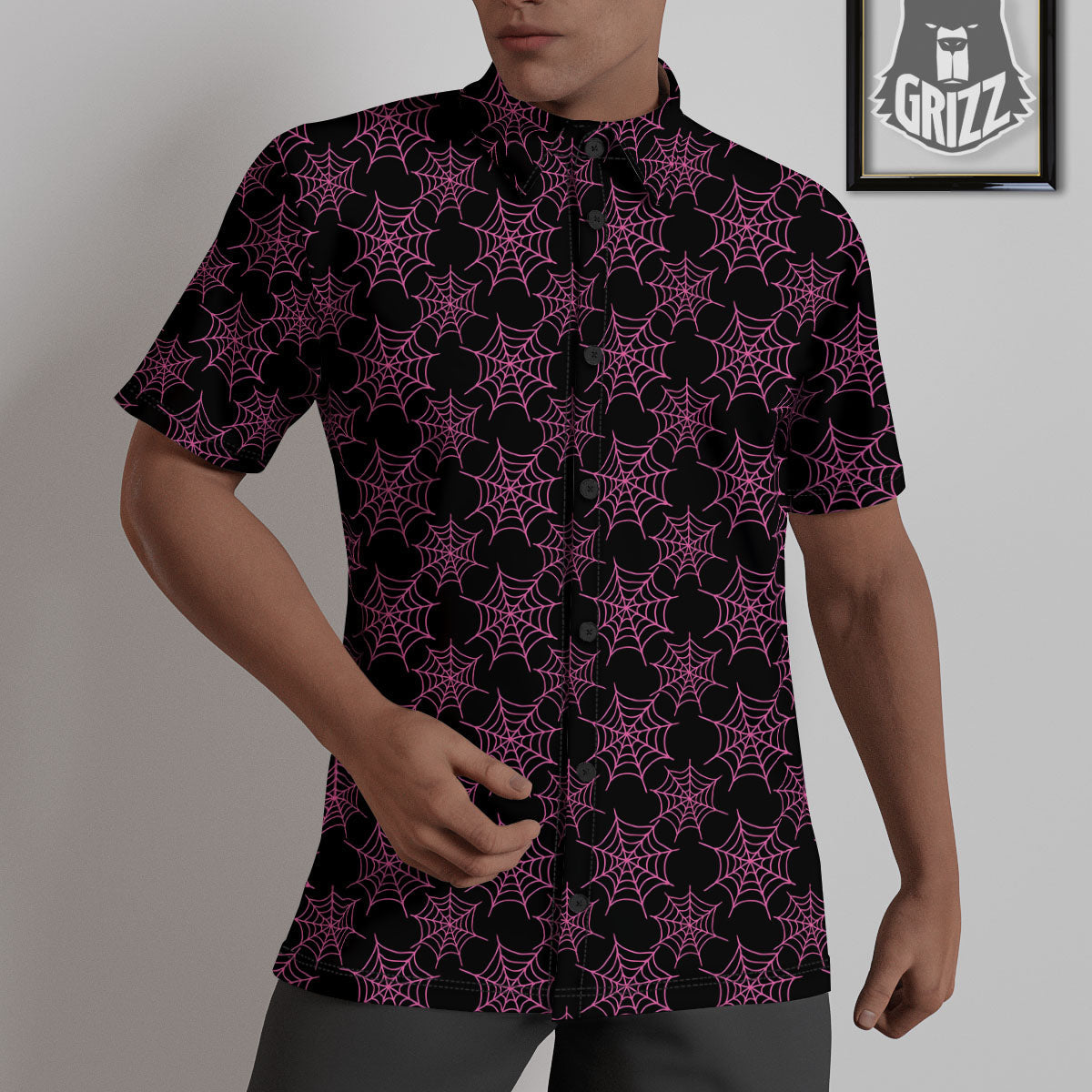 Spider Web Pink And Black Print Pattern Untucked Shirts-grizzshop