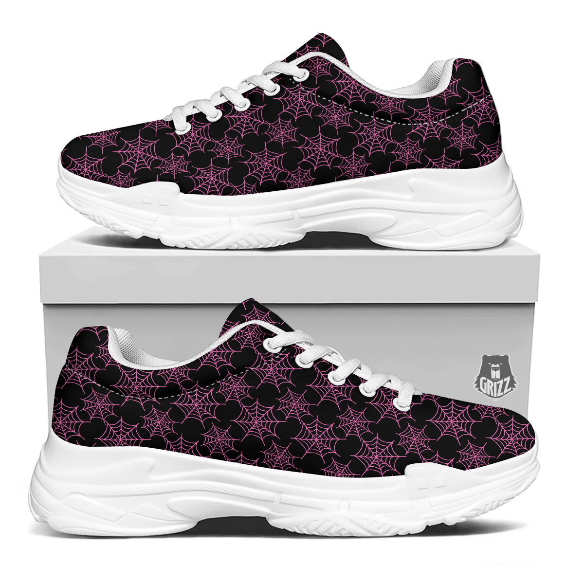 Spider Web Pink And Black Print Pattern White Chunky Shoes-grizzshop