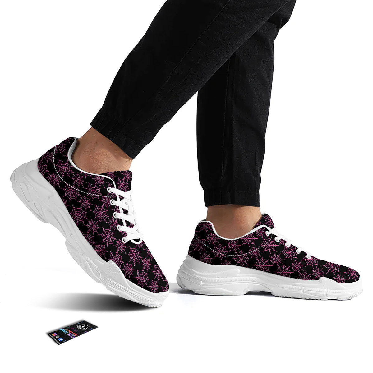 Spider Web Pink And Black Print Pattern White Chunky Shoes-grizzshop
