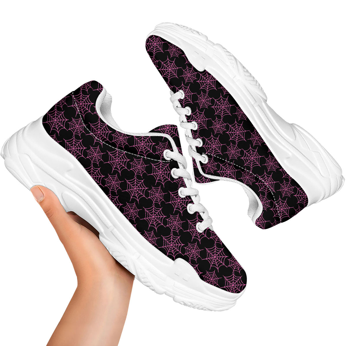 Spider Web Pink And Black Print Pattern White Chunky Shoes-grizzshop