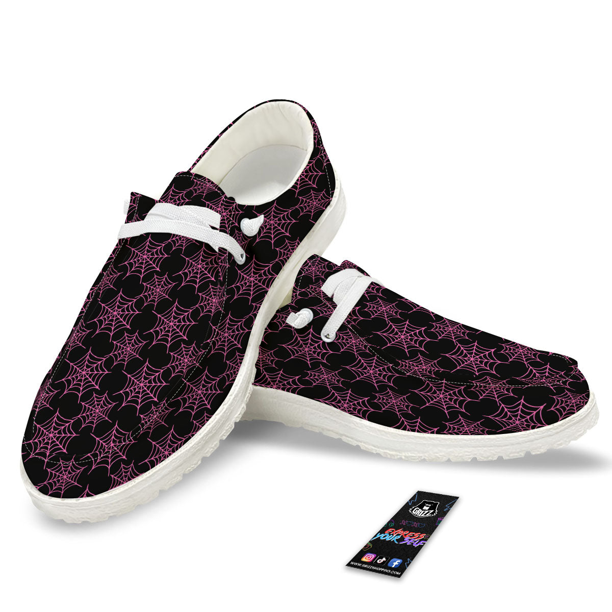 Spider Web Pink And Black Print Pattern White Loafers-grizzshop
