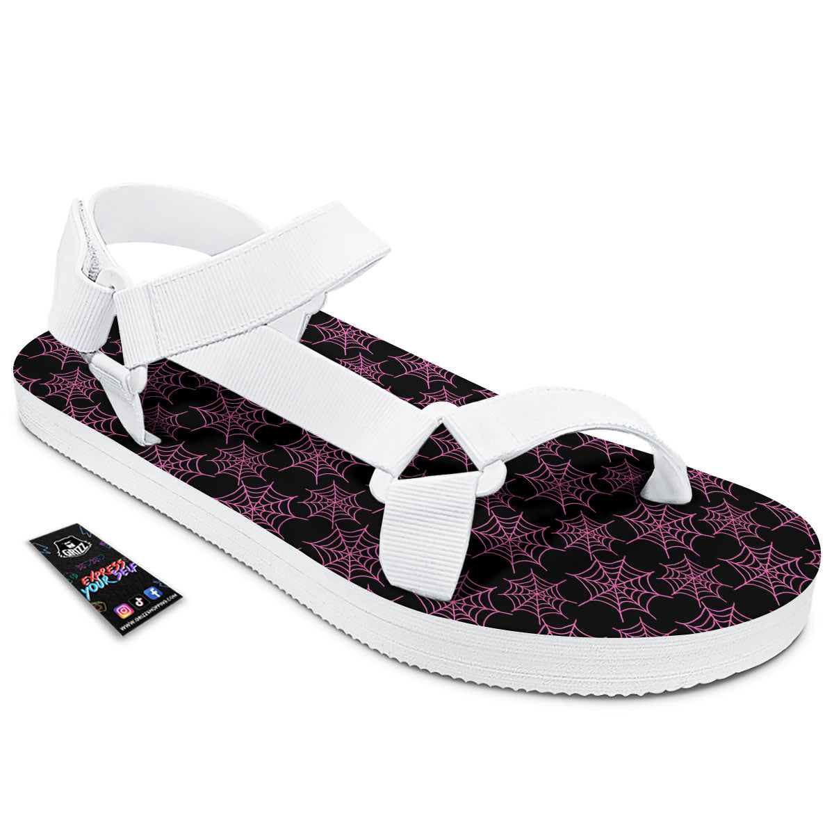 Spider Web Pink And Black Print Pattern White Open Toe Sandals-grizzshop
