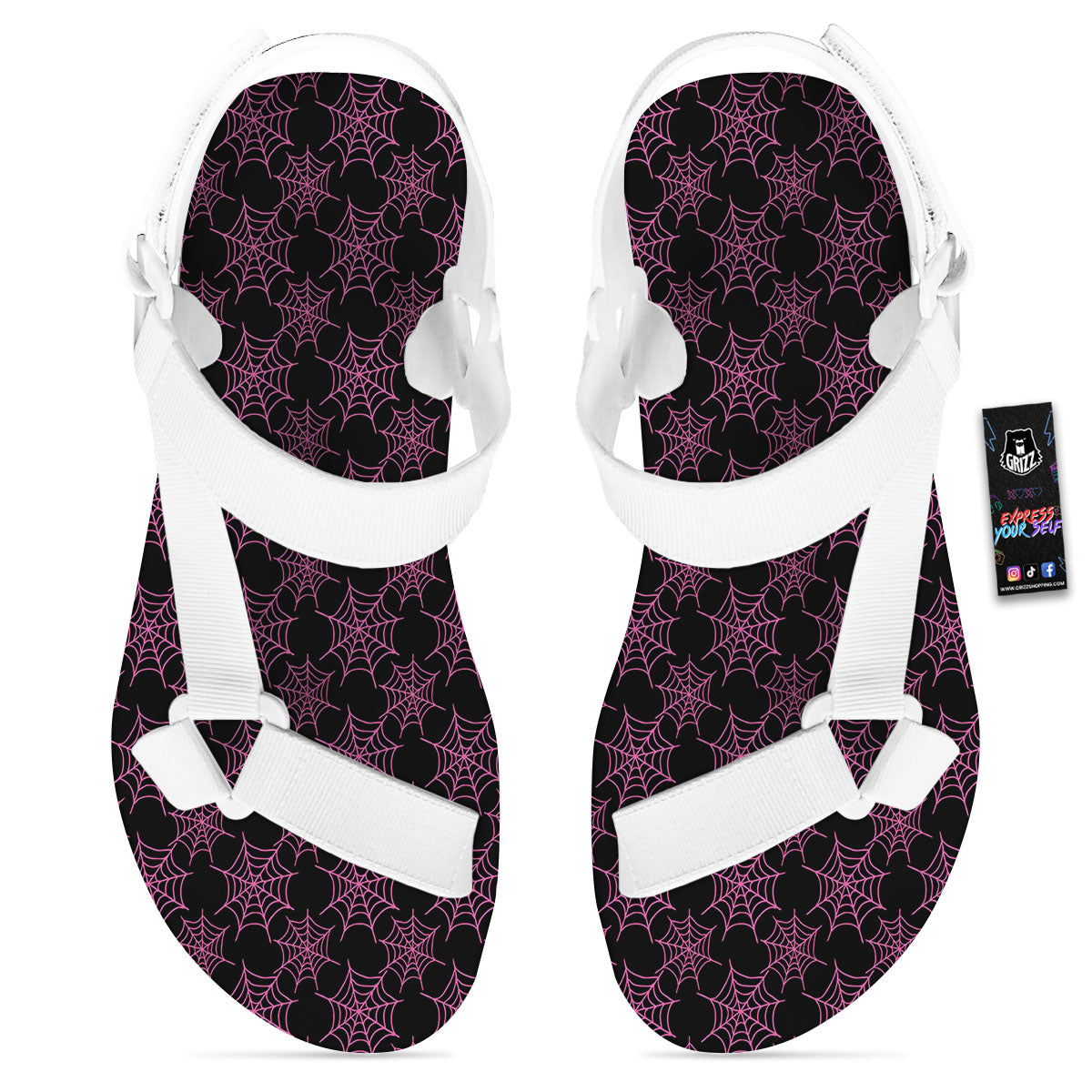 Spider Web Pink And Black Print Pattern White Open Toe Sandals-grizzshop