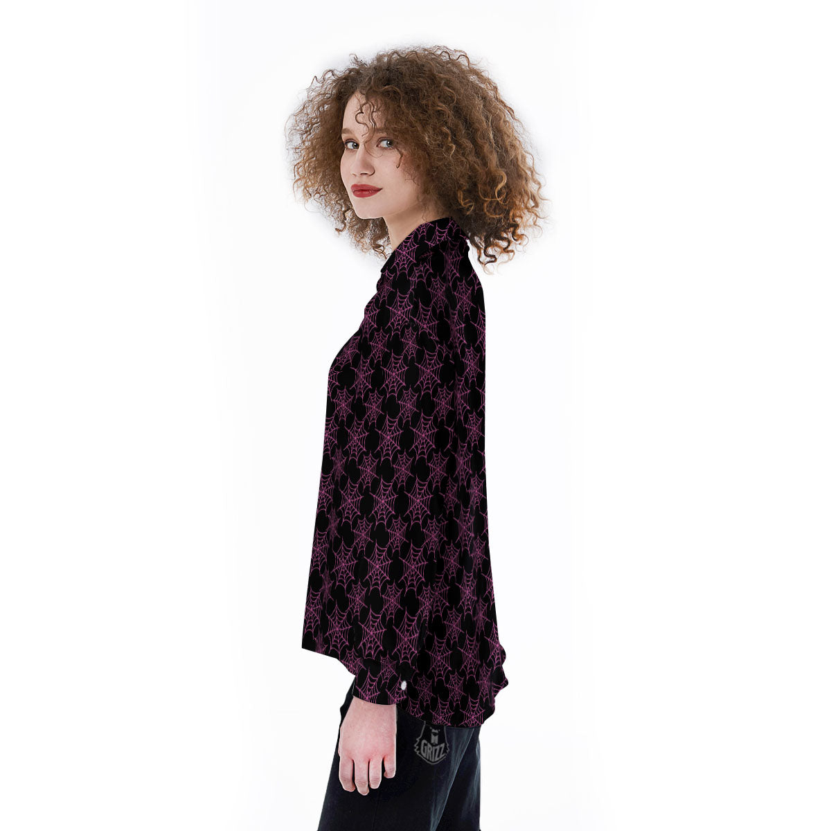 Spider Web Pink And Black Print Pattern Women's Long Sleeve Shirts-grizzshop