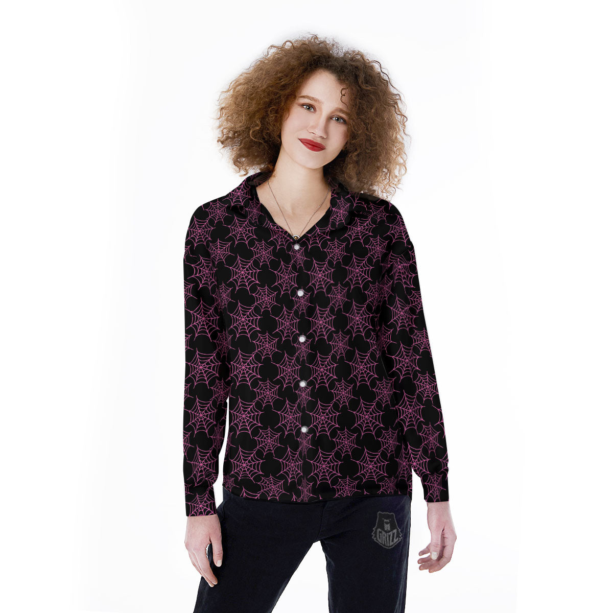 Spider Web Pink And Black Print Pattern Women's Long Sleeve Shirts-grizzshop