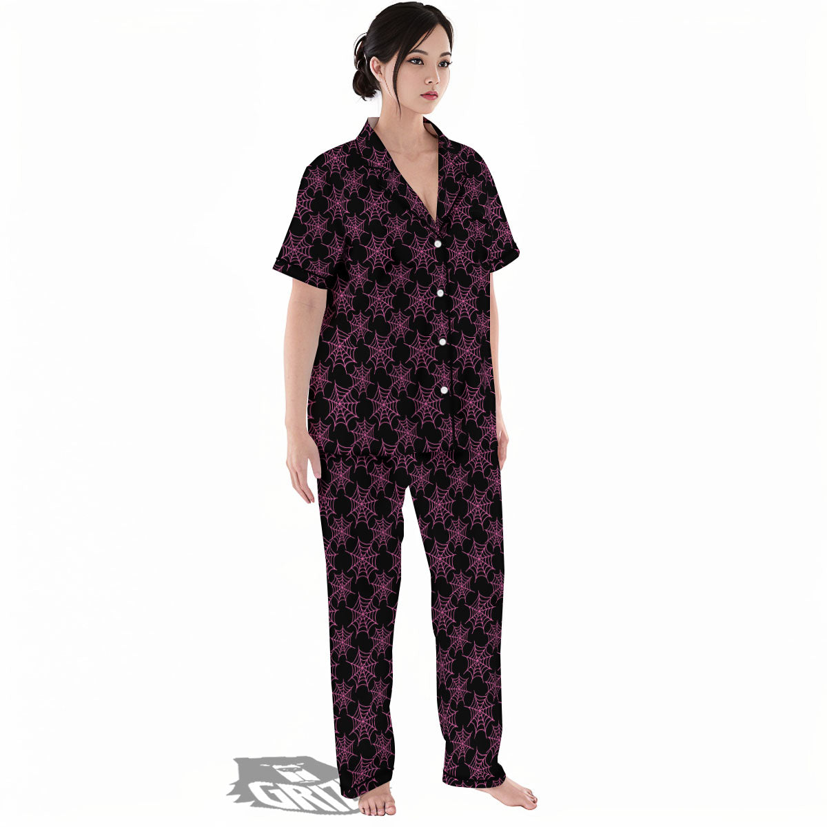 Spider Web Pink And Black Print Pattern Women's Pajamas Set-grizzshop