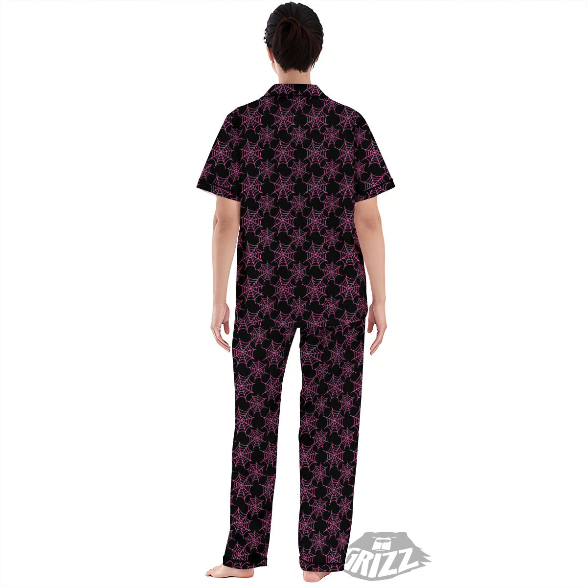 Spider Web Pink And Black Print Pattern Women's Pajamas Set-grizzshop