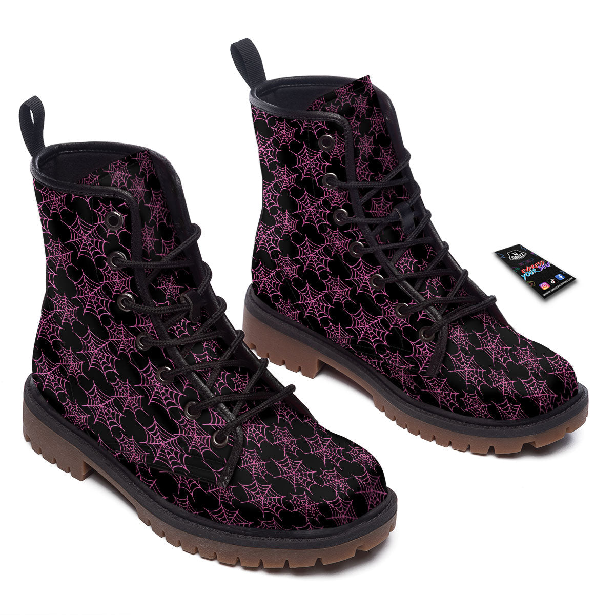 Spider Web Pink And Black Print Pattern Work Boots-grizzshop
