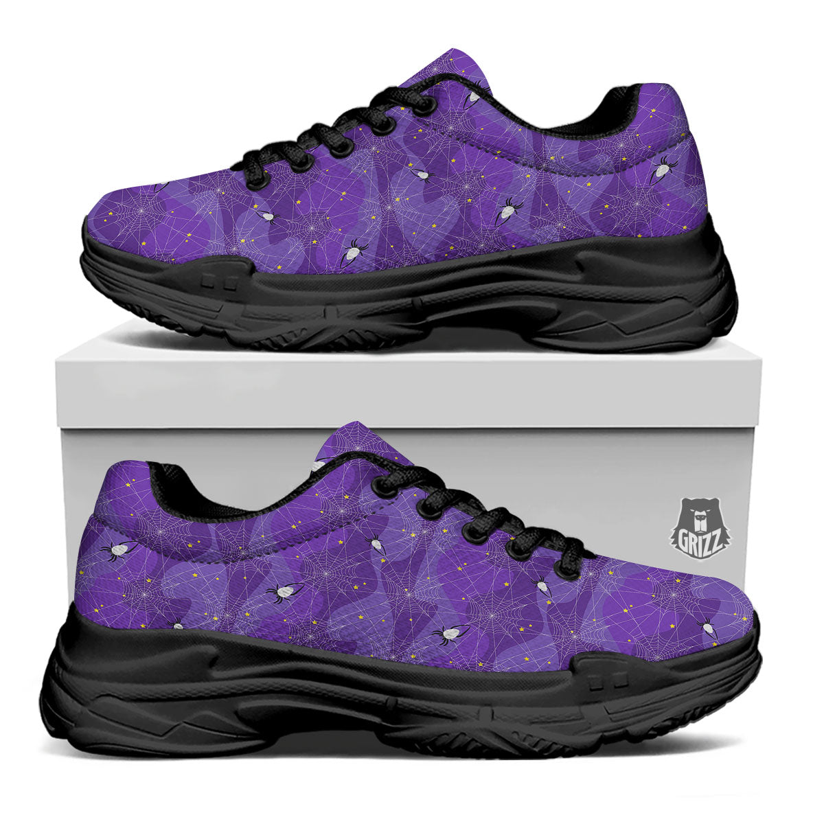 Spider Web Purple Print Pattern Black Chunky Shoes-grizzshop