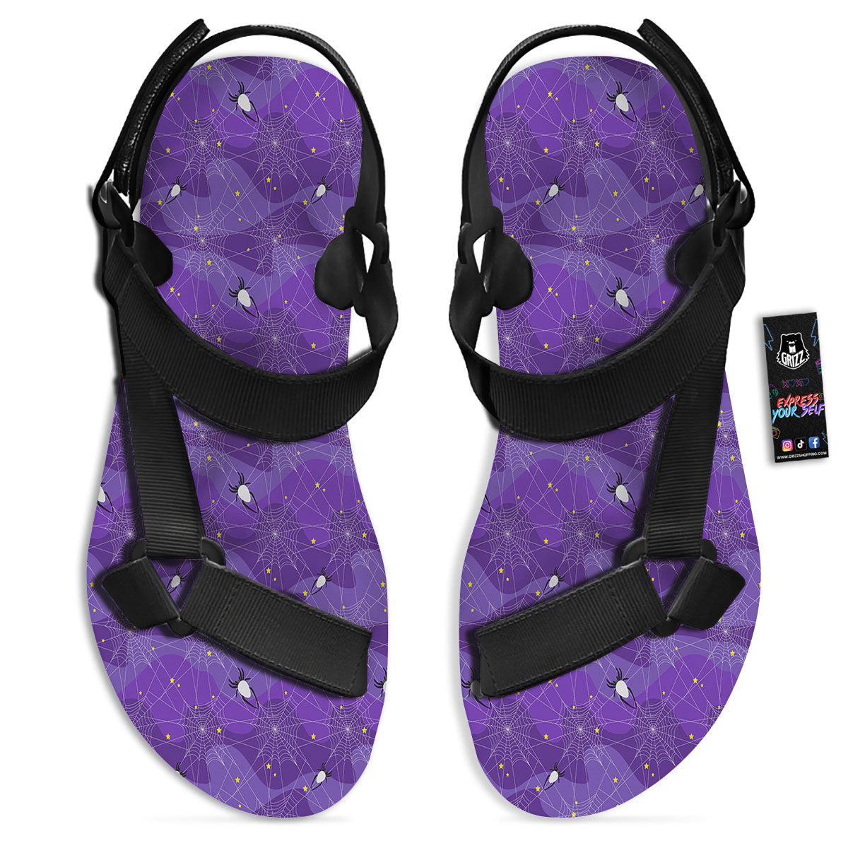 Spider Web Purple Print Pattern Black Open Toe Sandals-grizzshop