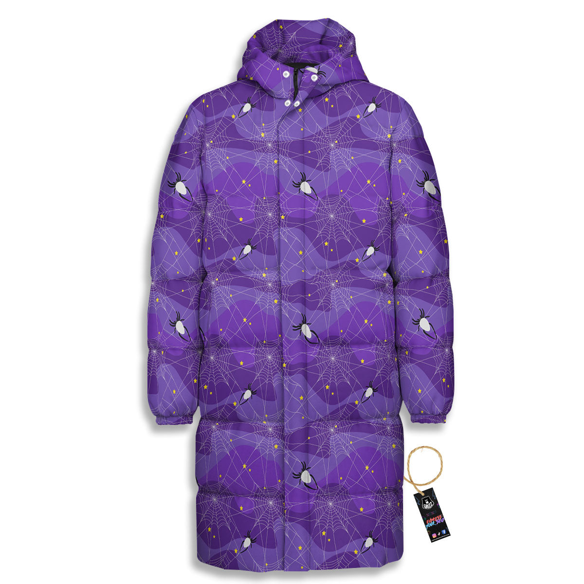 Spider Web Purple Print Pattern Long Down Jacket-grizzshop