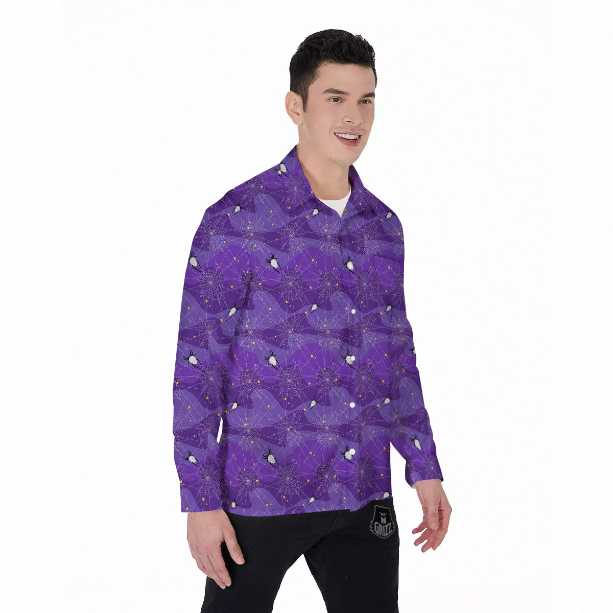Spider Web Purple Print Pattern Men's Long Sleeve Shirts-grizzshop