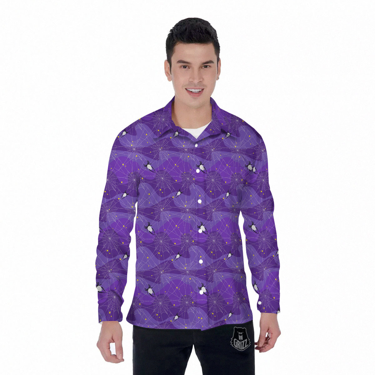 Spider Web Purple Print Pattern Men's Long Sleeve Shirts-grizzshop