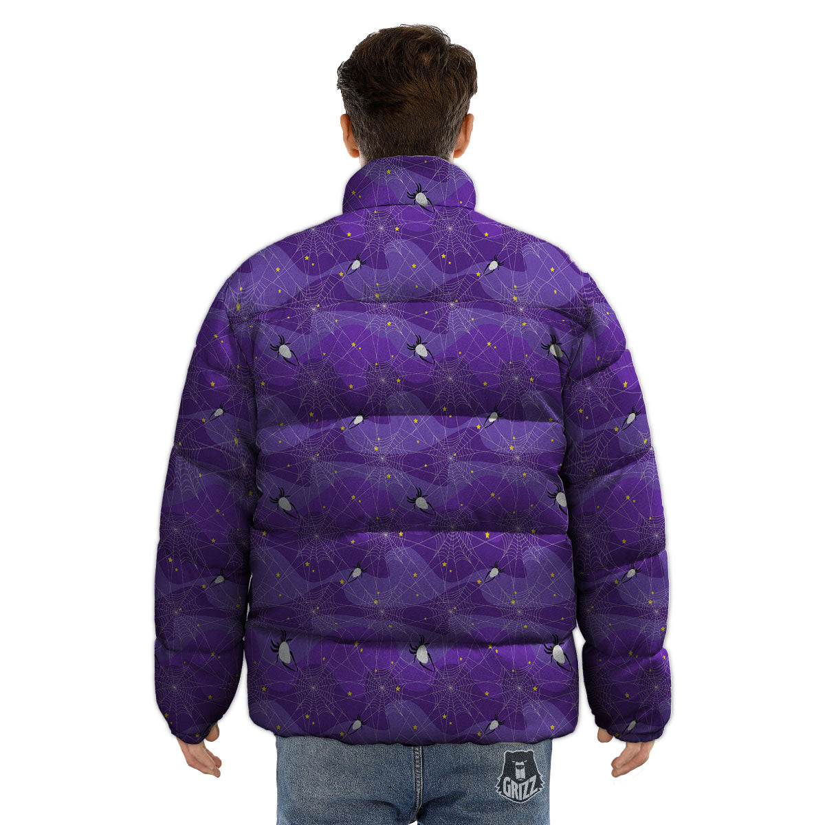 Spider Web Purple Print Pattern Puffer Jacket-grizzshop