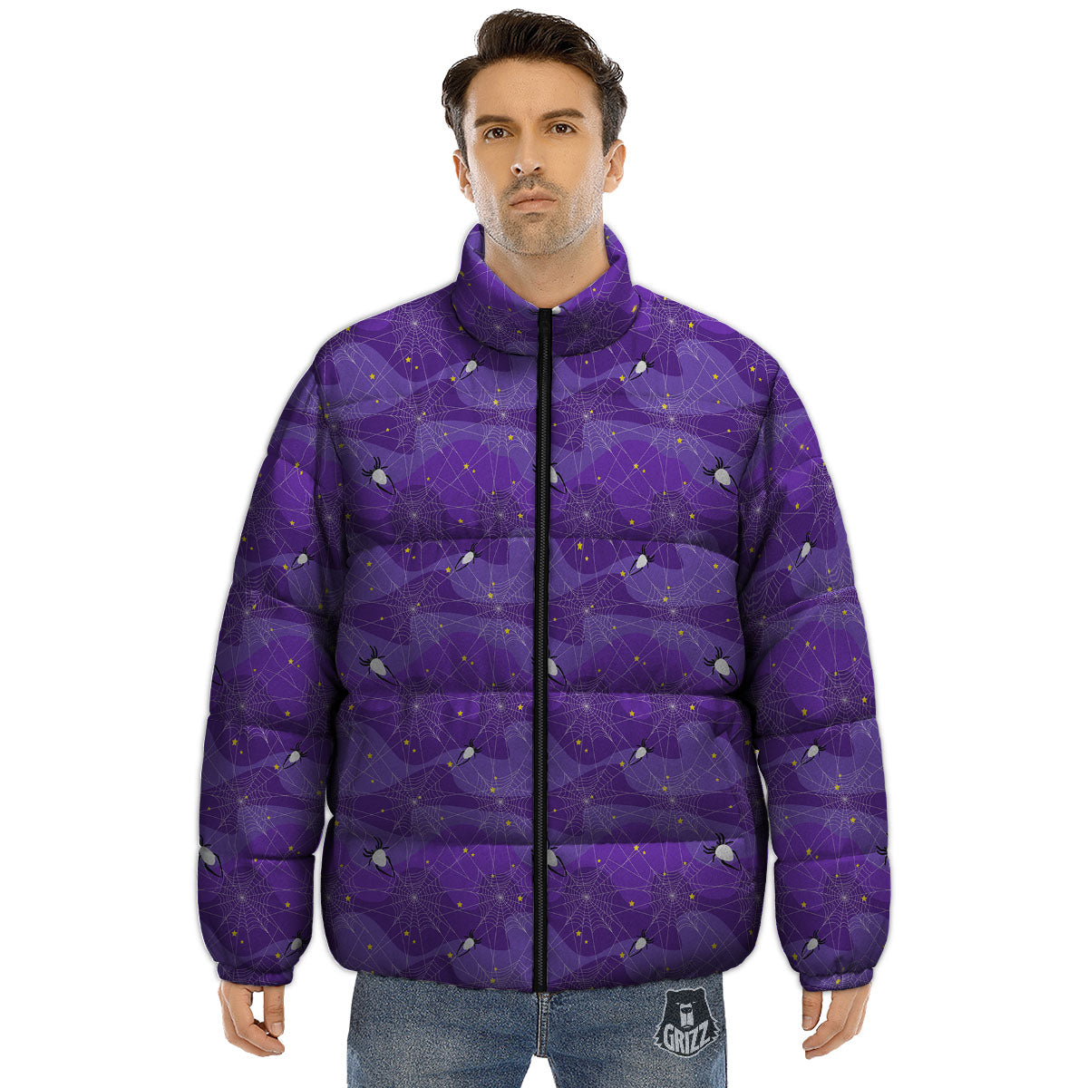 Spider Web Purple Print Pattern Puffer Jacket-grizzshop