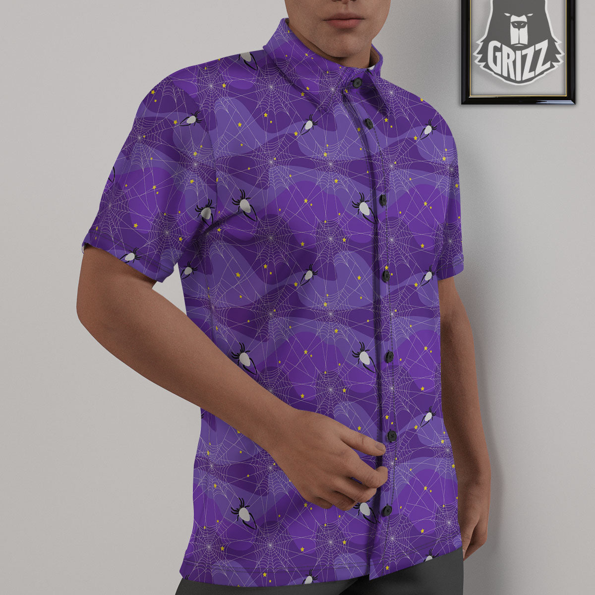 Spider Web Purple Print Pattern Untucked Shirts-grizzshop