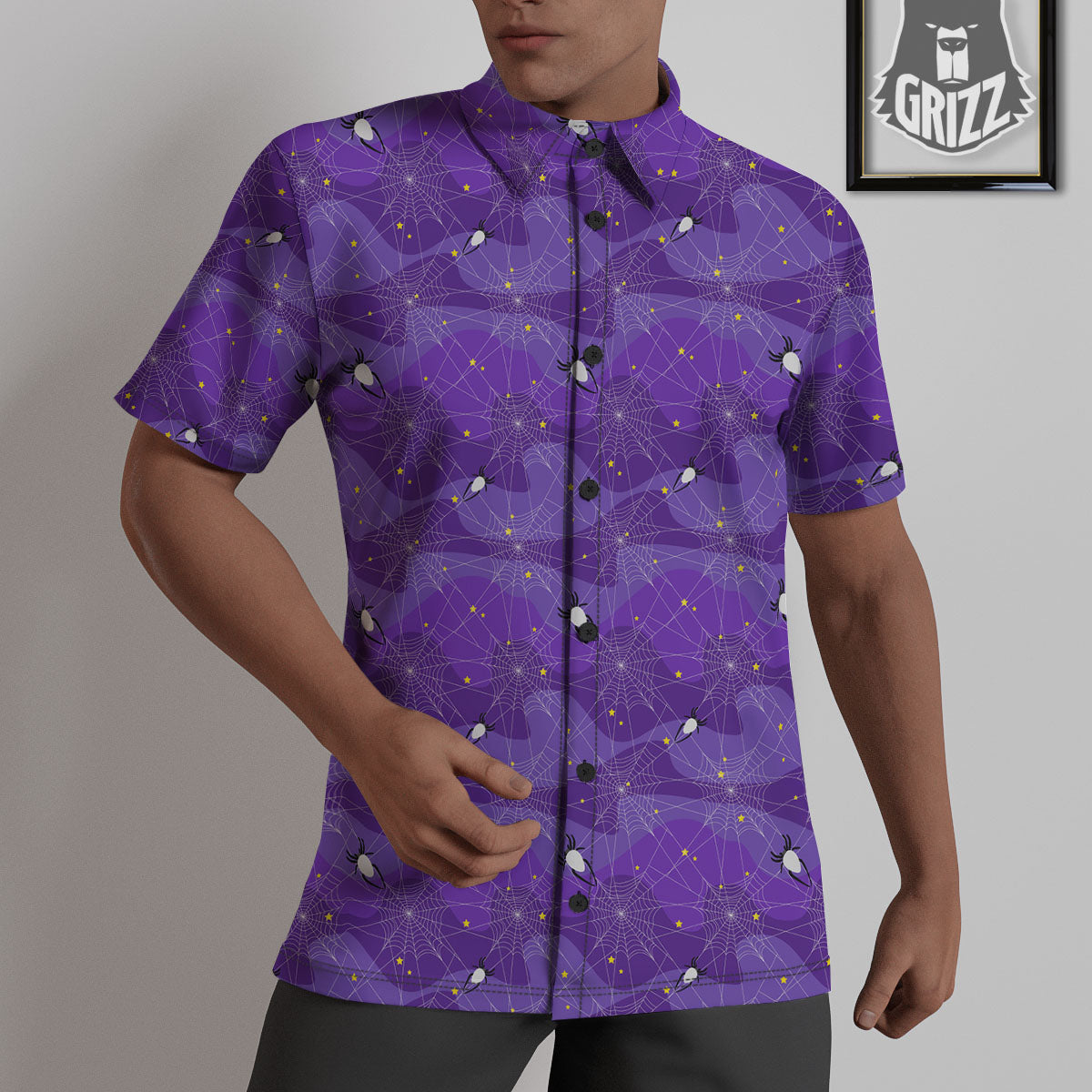 Spider Web Purple Print Pattern Untucked Shirts-grizzshop