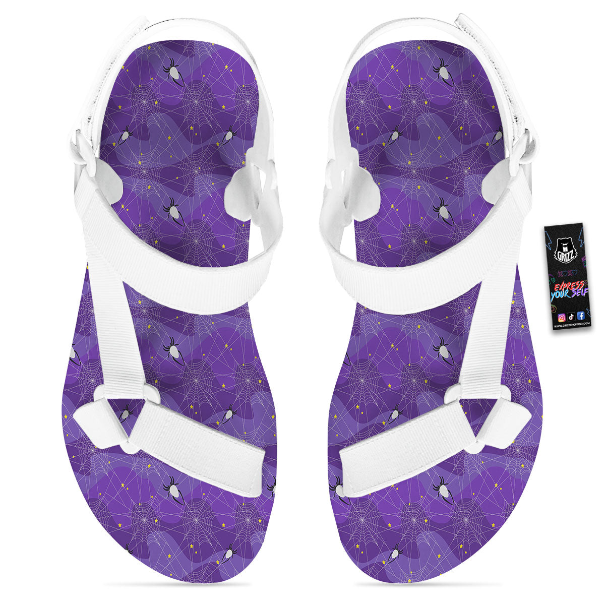 Spider Web Purple Print Pattern White Open Toe Sandals-grizzshop