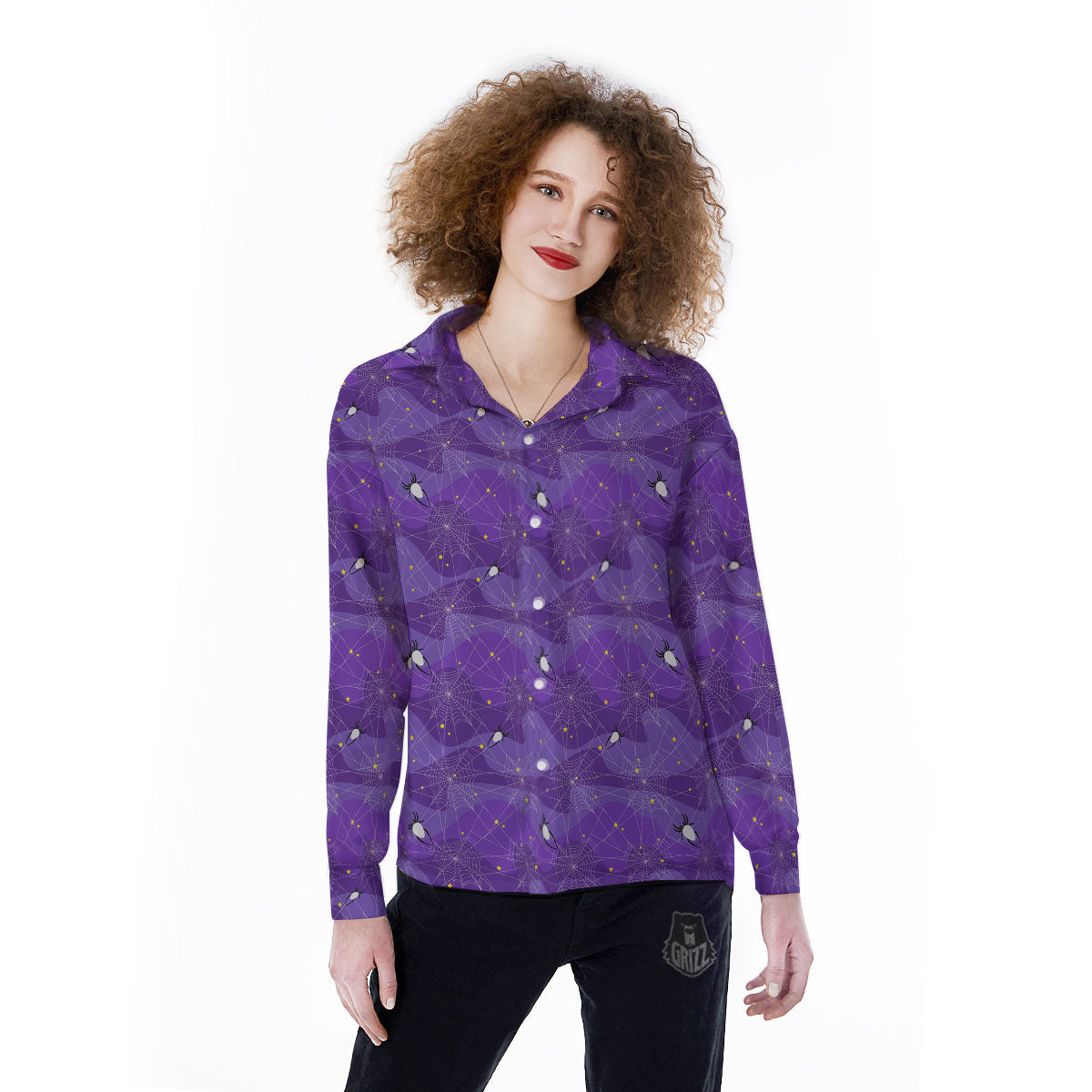 Spider Web Purple Print Pattern Women's Long Sleeve Shirts-grizzshop