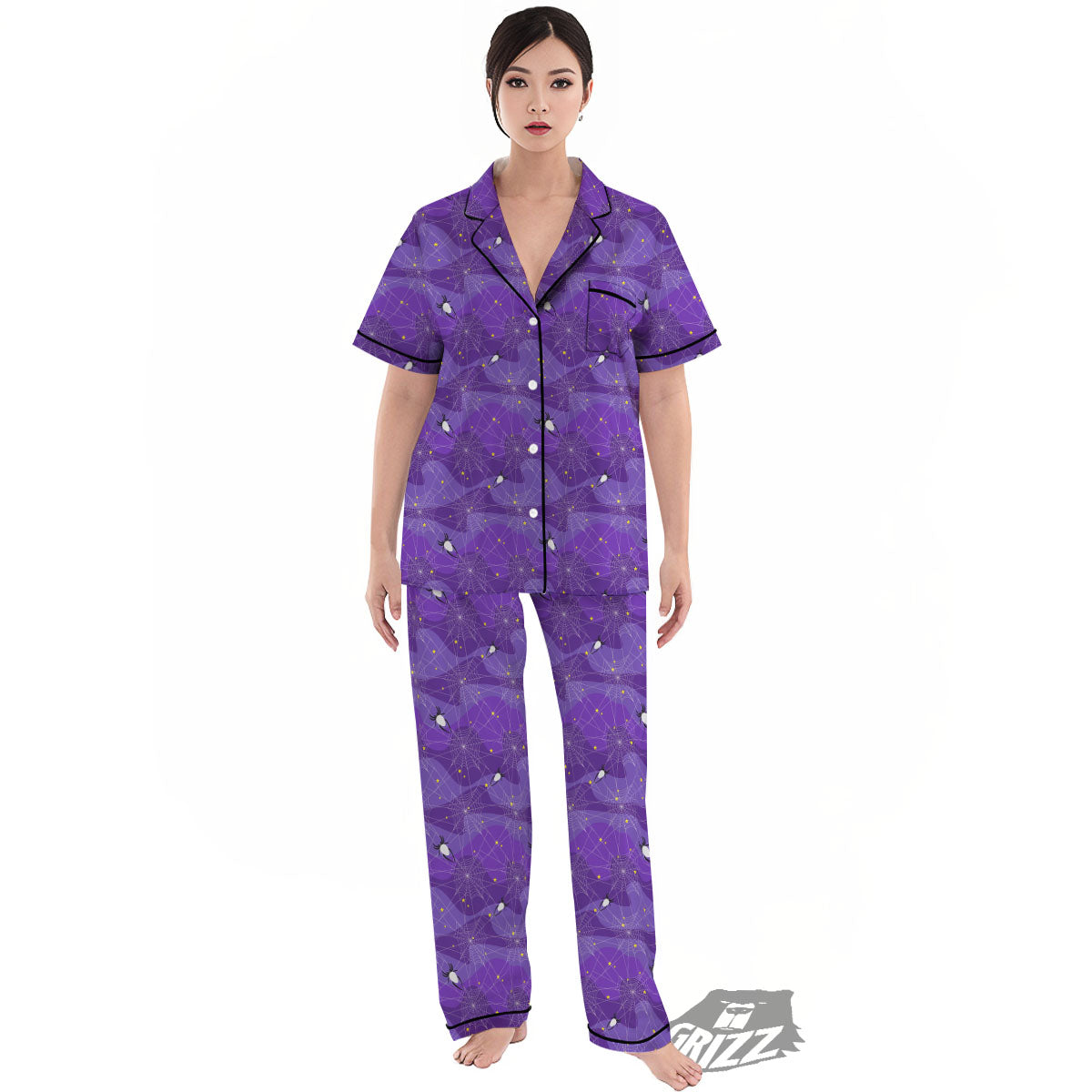 Spider Web Purple Print Pattern Women's Pajamas Set-grizzshop