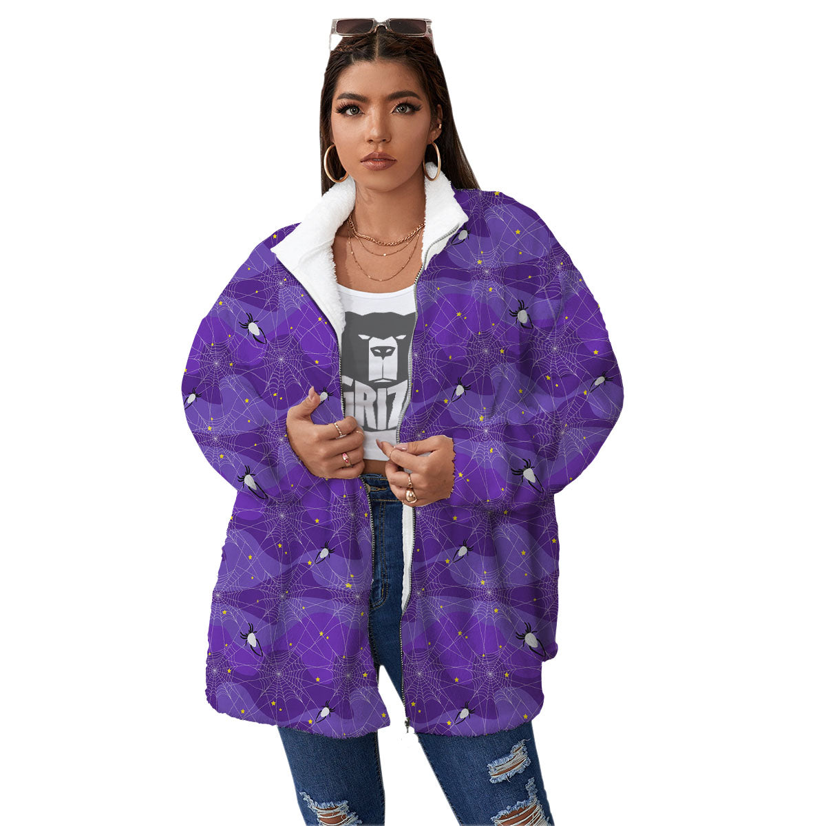 Spider Web Purple Print Pattern Women's Sherpa Jacket-grizzshop