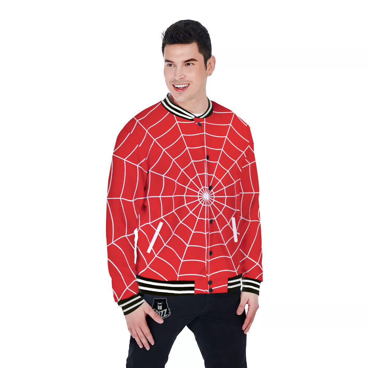 Spider Web Red Print Baseball Jacket-grizzshop
