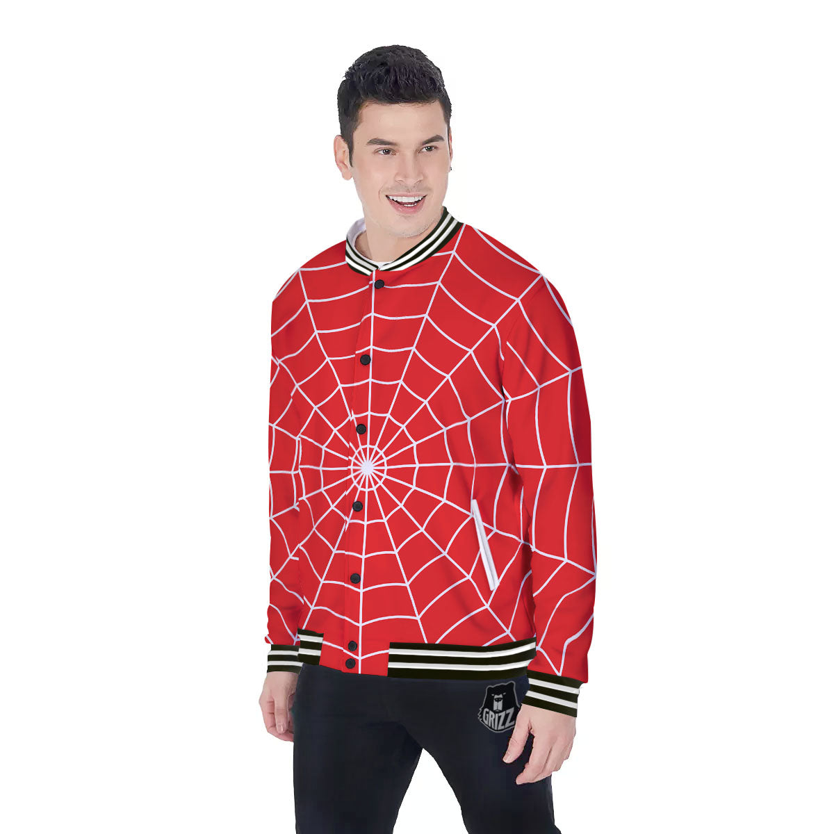 Spider Web Red Print Baseball Jacket-grizzshop