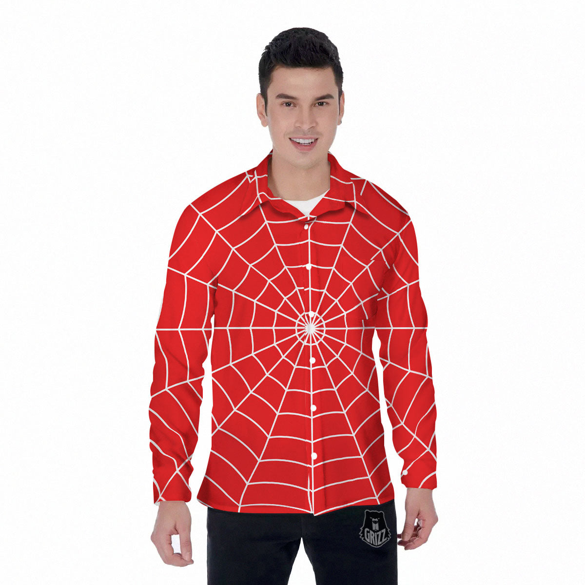 Spider Web Red Print Men's Long Sleeve Shirts-grizzshop