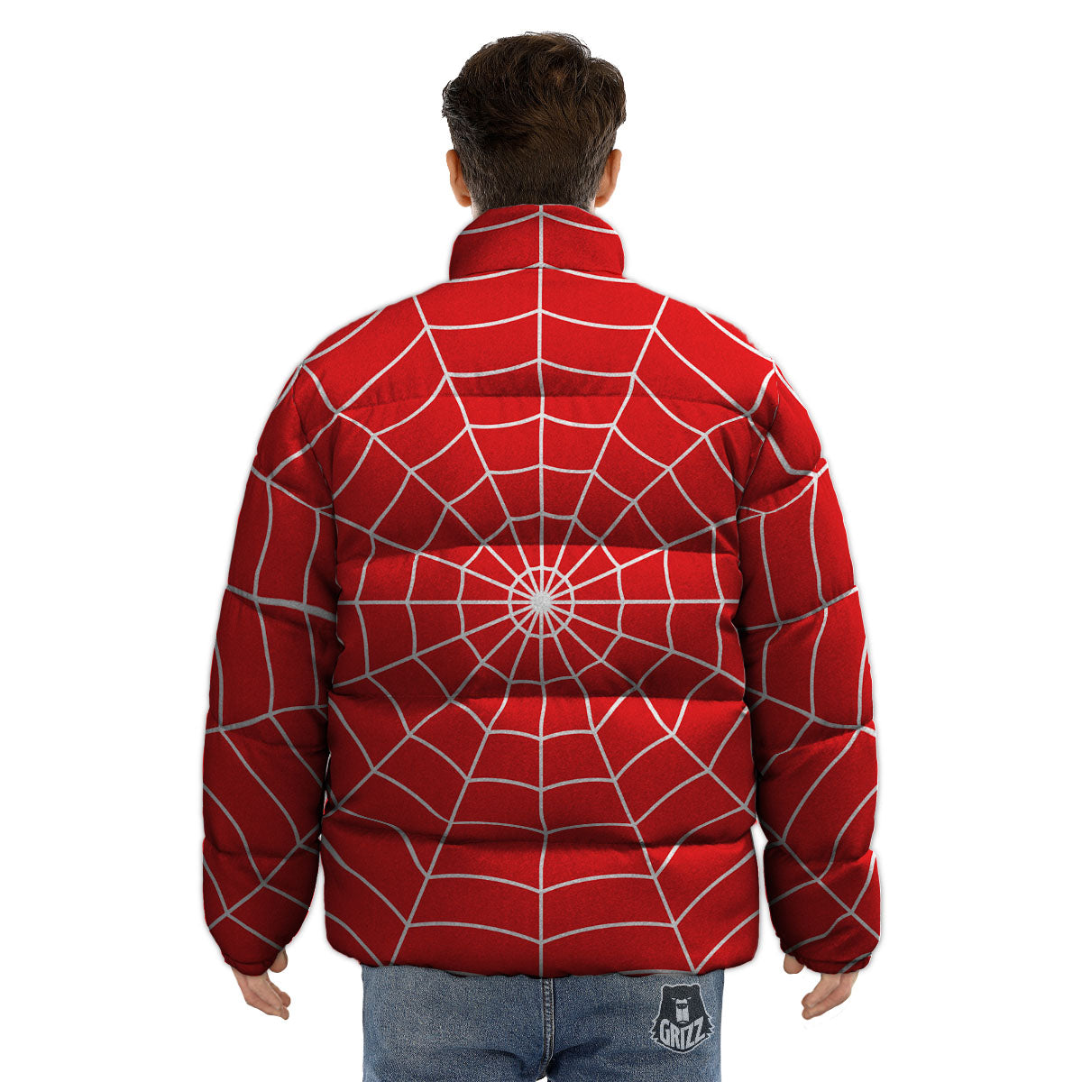 Spider Web Red Print Puffer Jacket-grizzshop