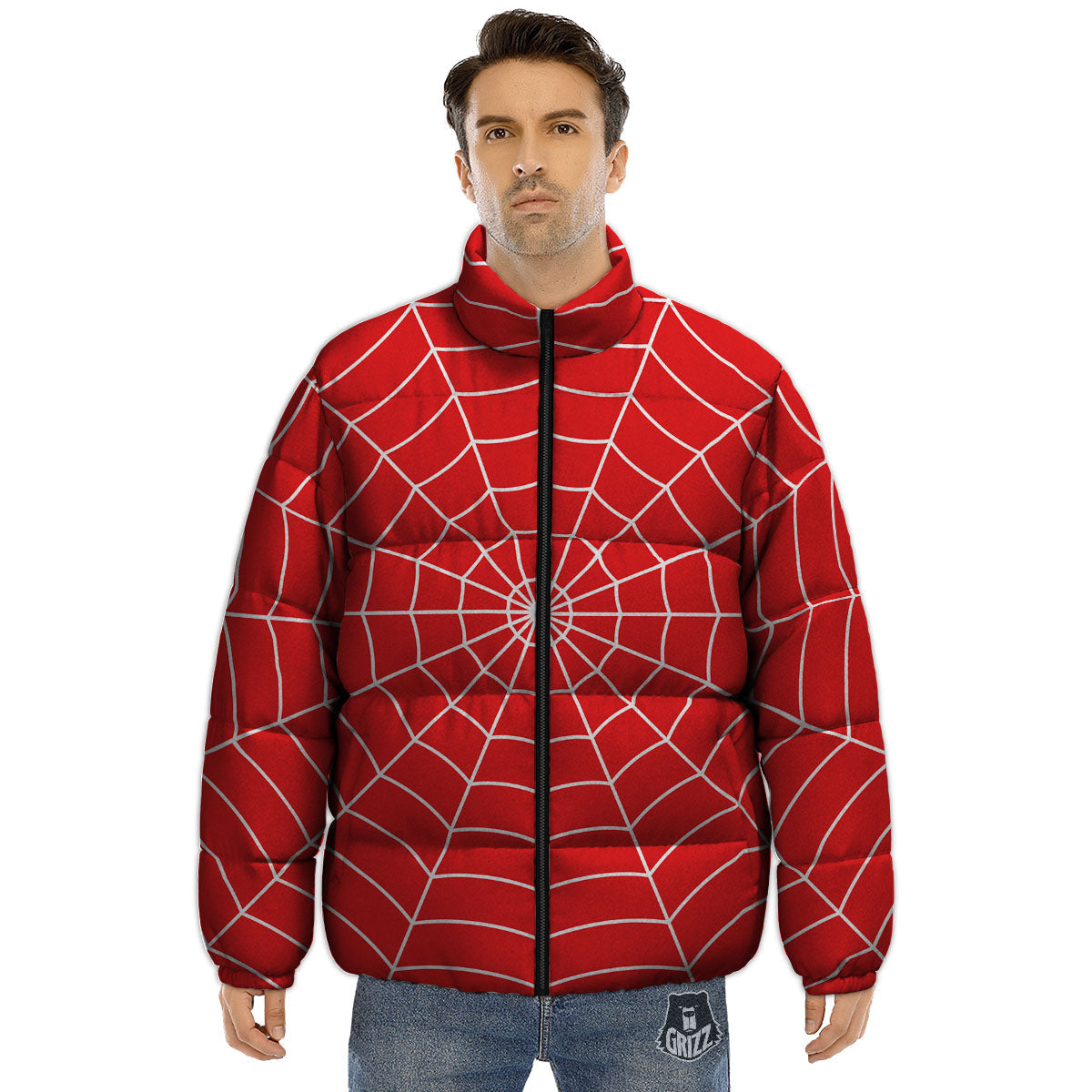 Spider Web Red Print Puffer Jacket-grizzshop