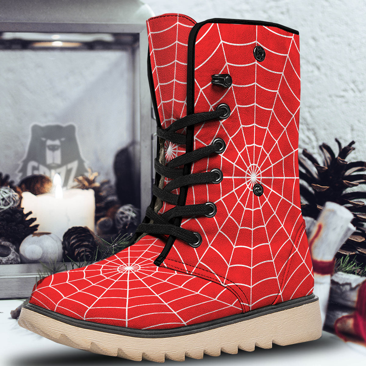 Spider Web Red Print Snow Boots-grizzshop