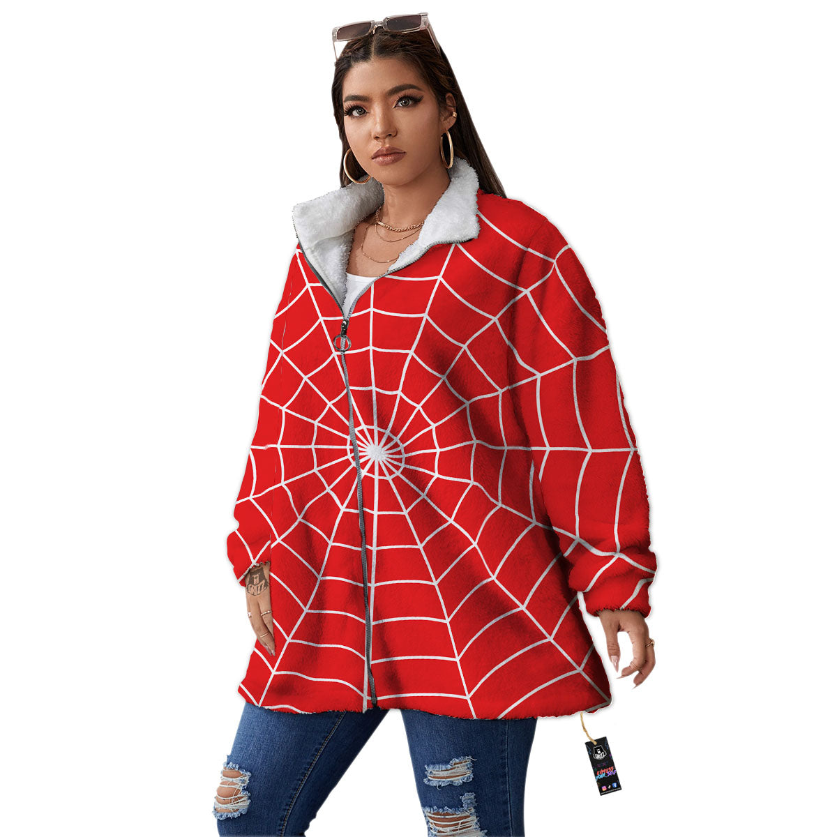 Spider Web Red Print Women's Sherpa Jacket-grizzshop