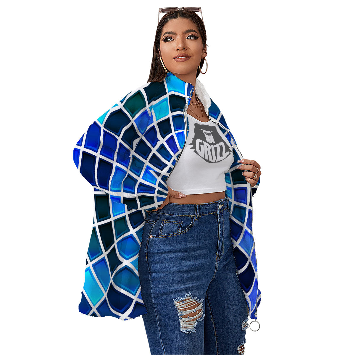 Spider Web Stained Mosaic Print Women's Sherpa Jacket-grizzshop