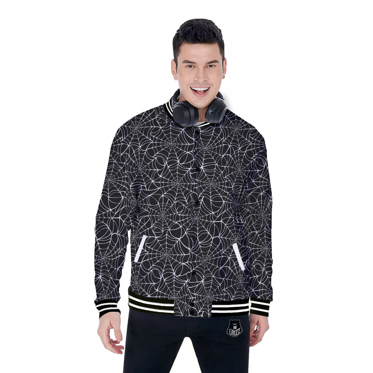 Spider Web White And Black Print Pattern Baseball Jacket-grizzshop