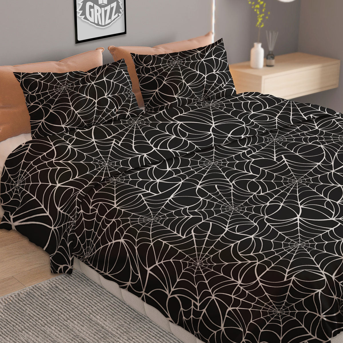 Spider Web White And Black Print Pattern Duvet Cover Bedding Set