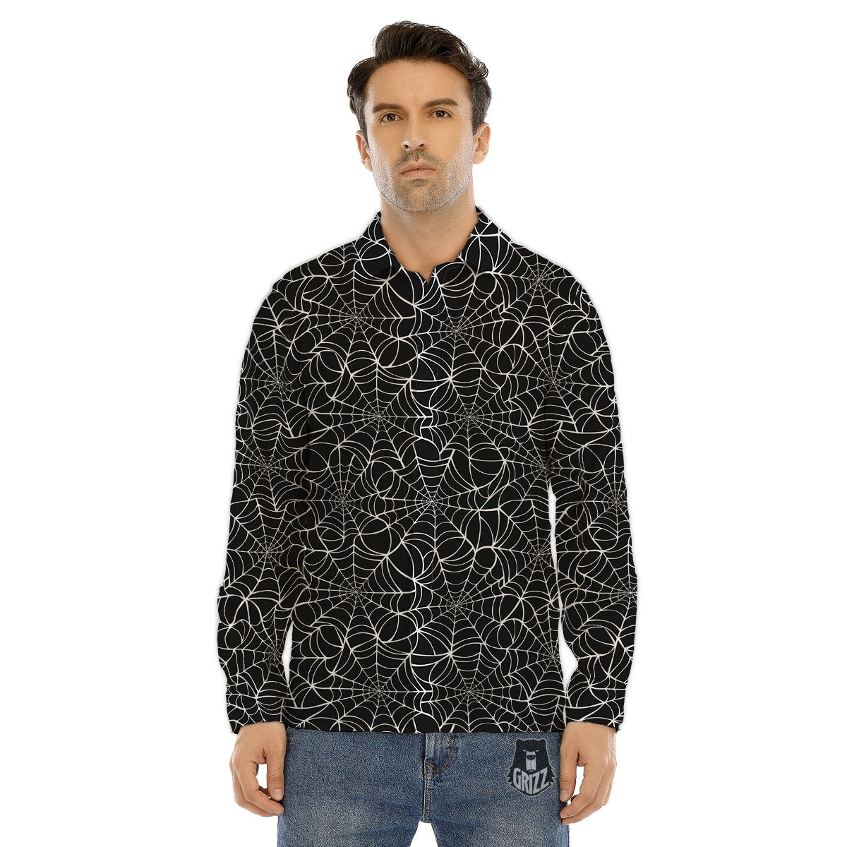 Spider Web White And Black Print Pattern Men's Dress Shirts-grizzshop