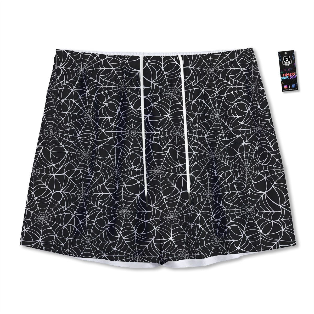 Spider Web White And Black Print Pattern Mesh Shorts