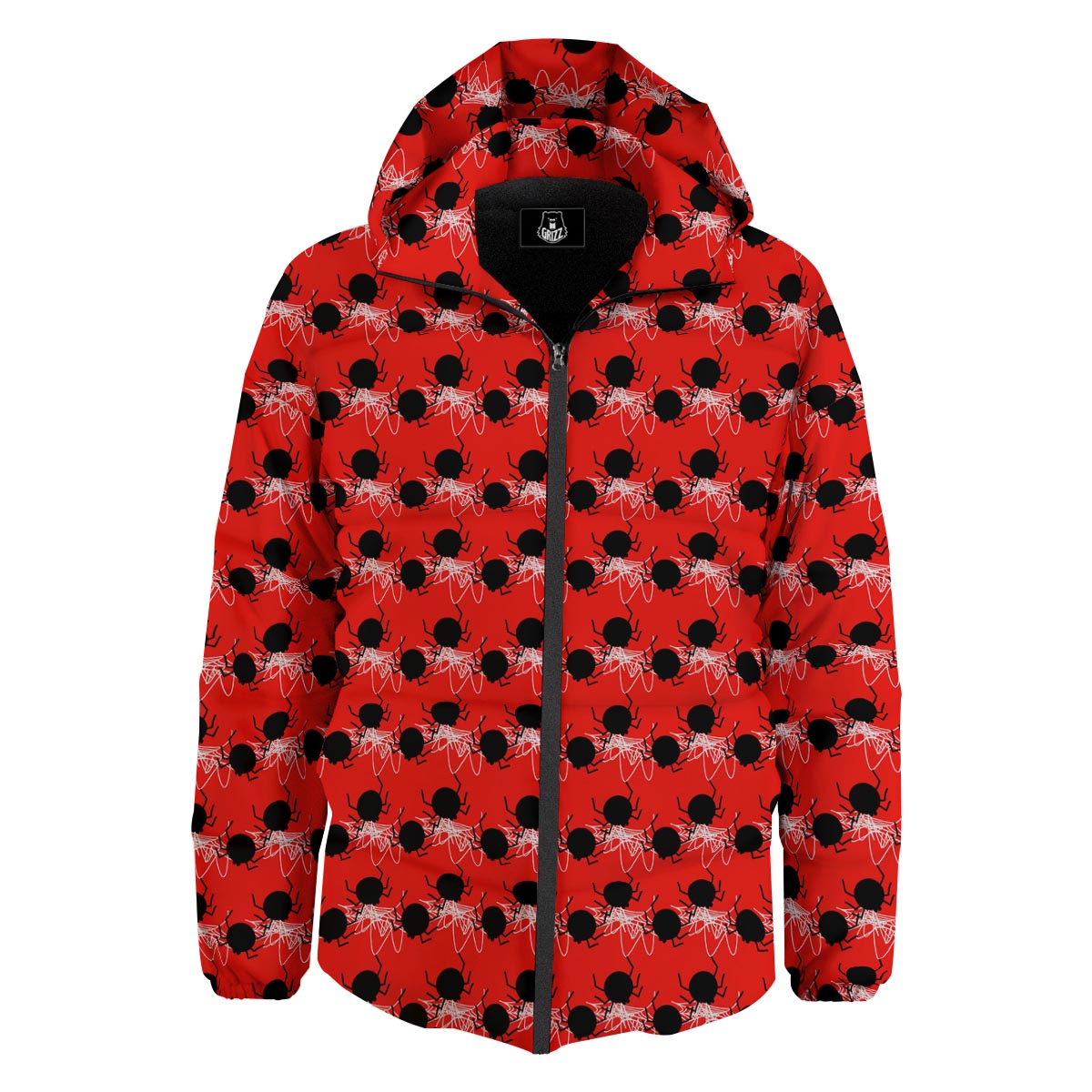 Spider Web White And Red Print Pattern Down Jacket-grizzshop
