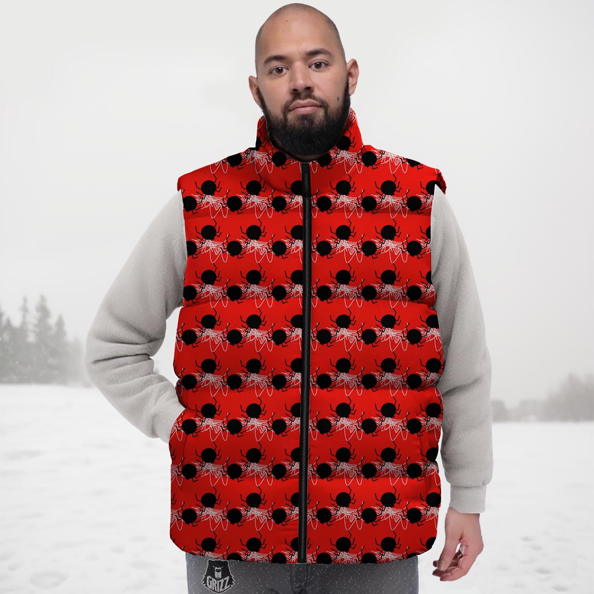 Spider Web White And Red Print Pattern Down Vest