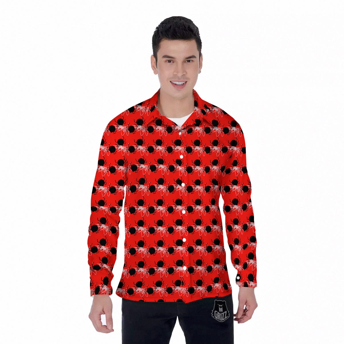 Spider Web White And Red Print Pattern Men's Long Sleeve Shirts-grizzshop