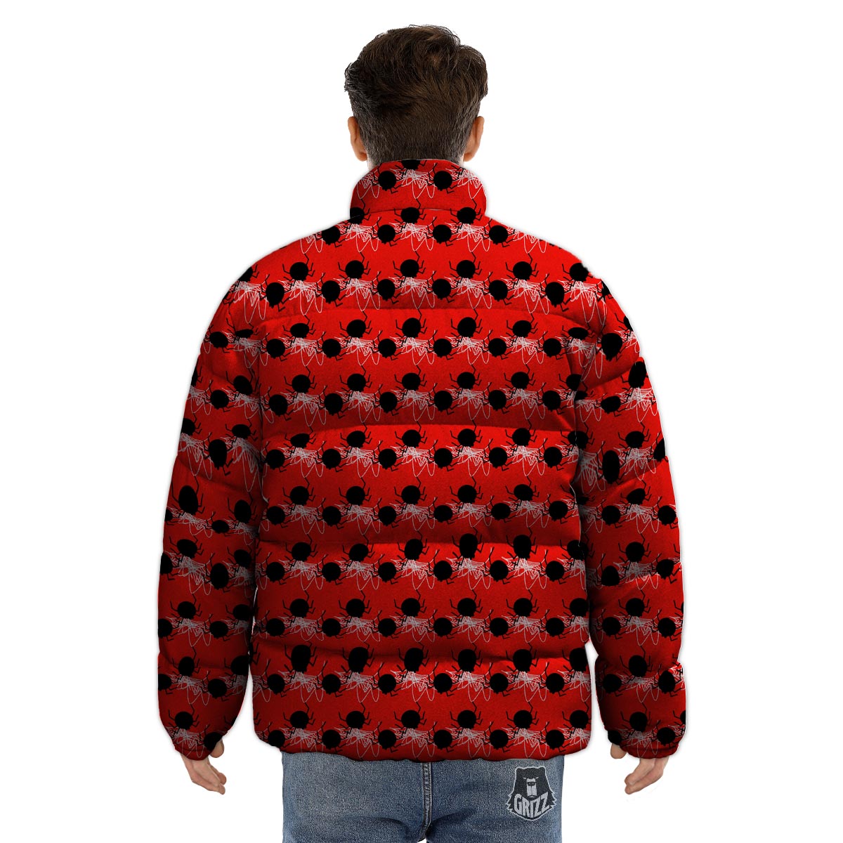 Spider Web White And Red Print Pattern Puffer Jacket-grizzshop